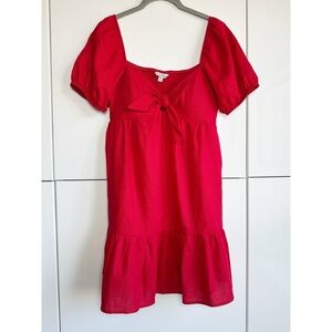 Speechless Red Linen Dress Puff Sleeve Bow Front Size Medium